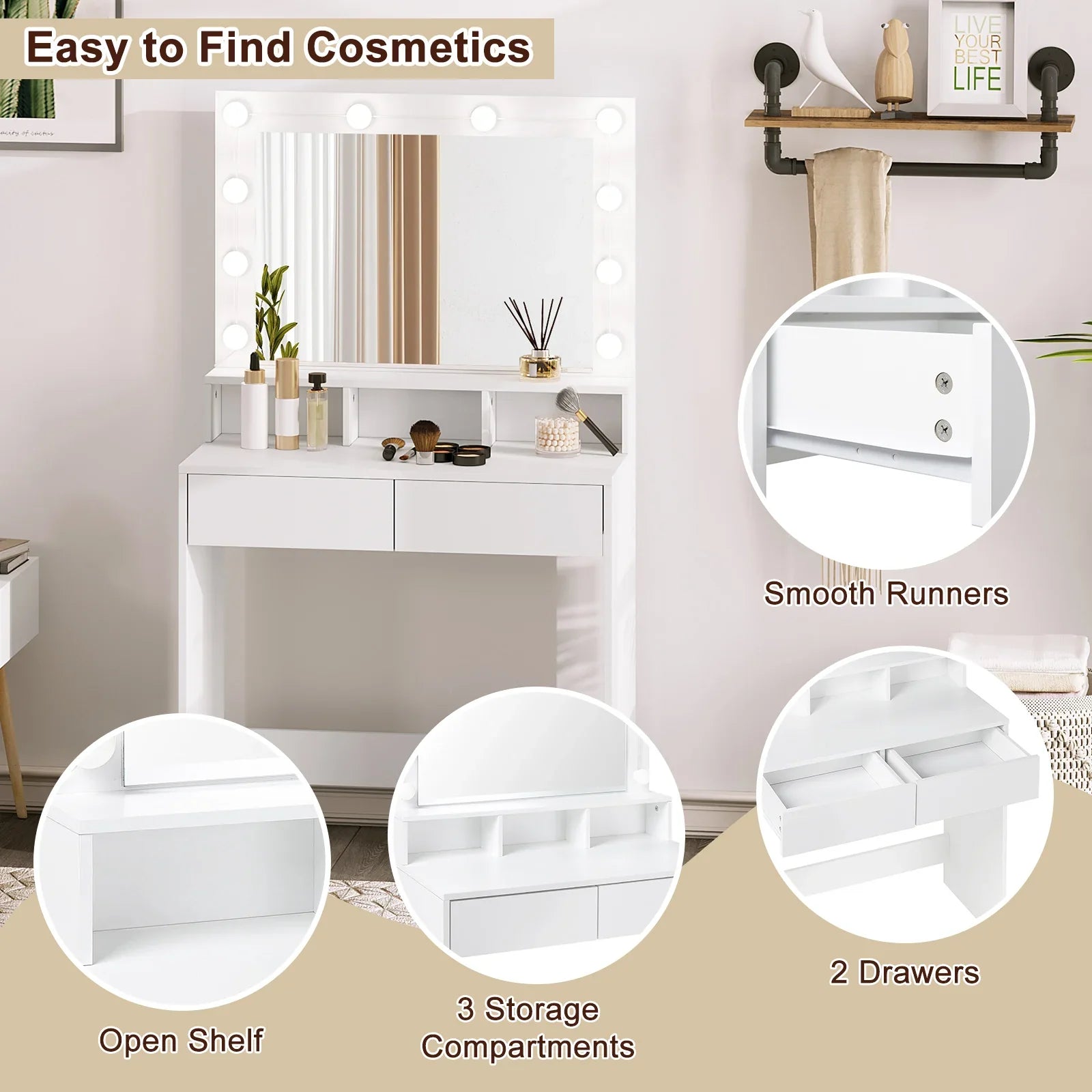 White Wooden Dressing Table Make up Cosmetic Table  with Adjustable LED Lighting Mirror vanity dresser for Gilrs  Women Bedroom