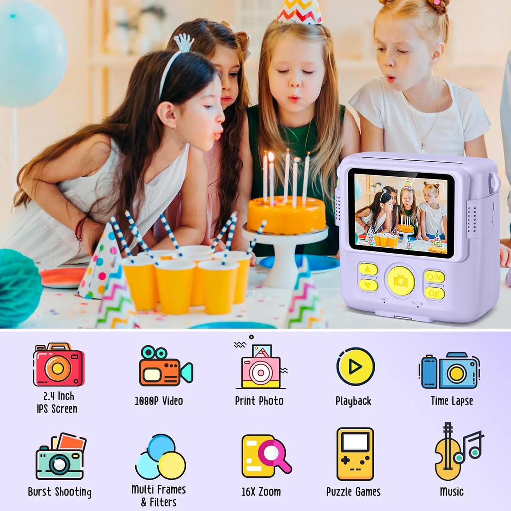 Gofunly Children's Instant Print Camera Thermal Printing Digital Camera 2.4" 1080P Camera Toy For 6-12 Years
