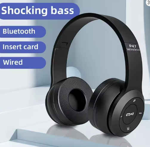 P47 Wireless Bluetooth Headphones – Handsfree Noise Cancelling Over-Ear Headset with Mic, Stereo Sound, Foldable Earphones Compatible with iPhone, Samsung S22, Huawei & More