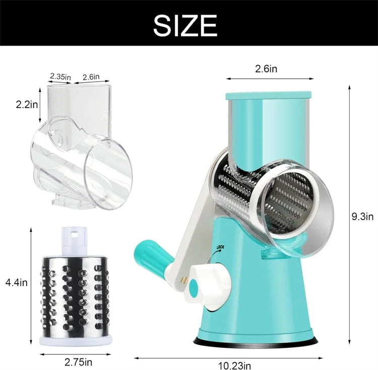 Manual Rotary Cheese Grater Shredder Kitchen Mandoline Vegetable Slicer with 3 Replaceable Stainless Steel Drum Blades YY001