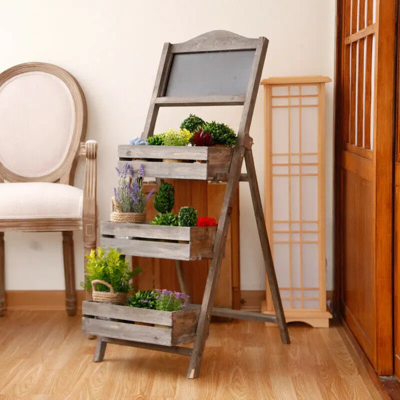 Folding Ladder 3 Tier Plant Stand Garden Flower Pot Holder Shelf with Chalkboard  A-Frame Sidewalk Menu Display