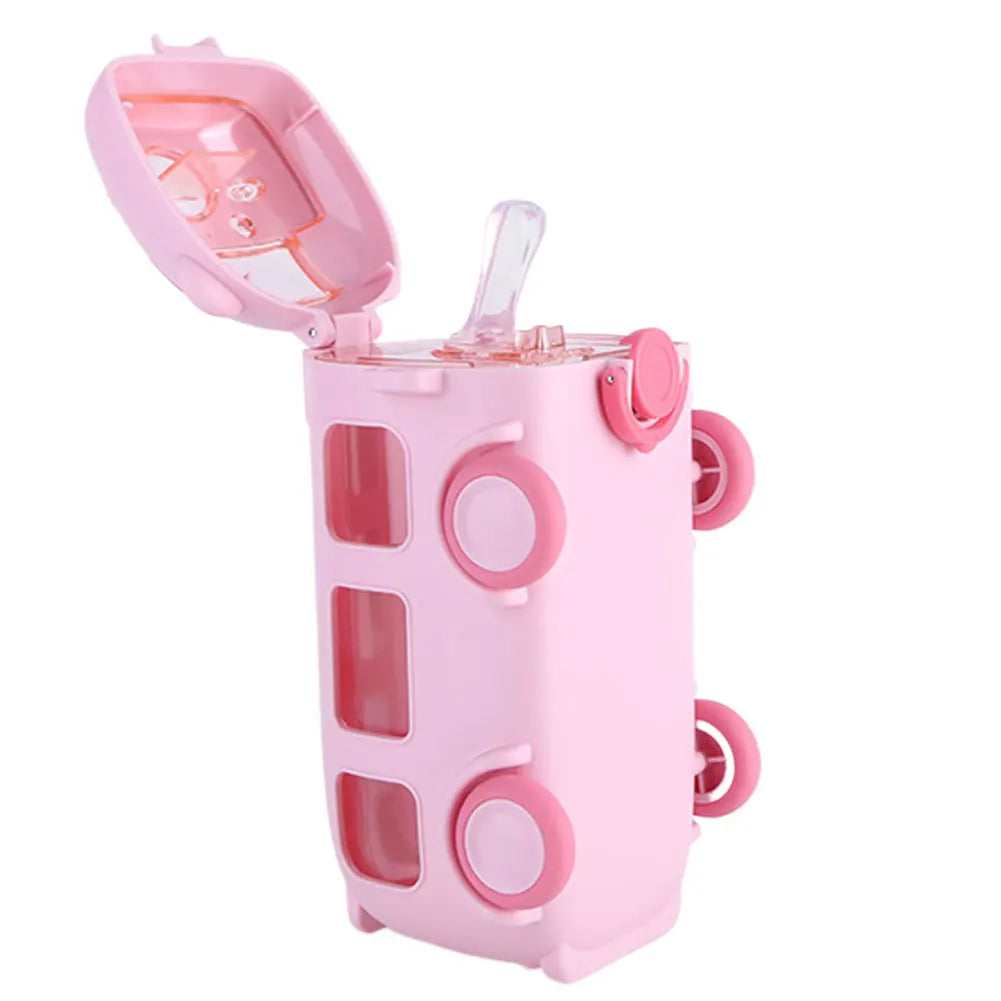 500ML Bus Shape Cartoon Water Cup with Movable Wheels & Strap Plastic Drinking Bottle Leakproof for Home Travel School