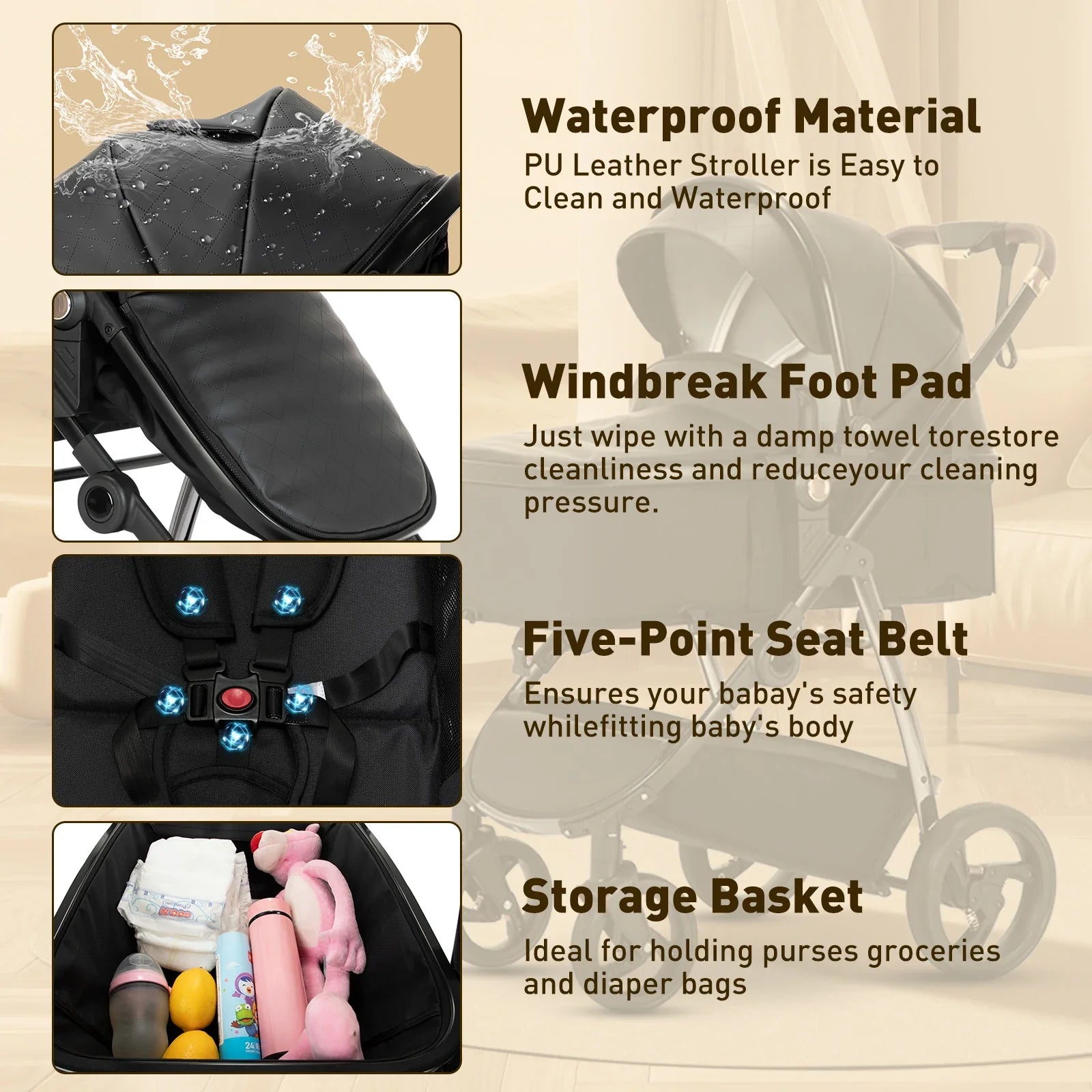 Baby stroller 3 in 1 Baby carriage Portable luxurious travel pram High landscape newborn baby stroller with baby carrier PU