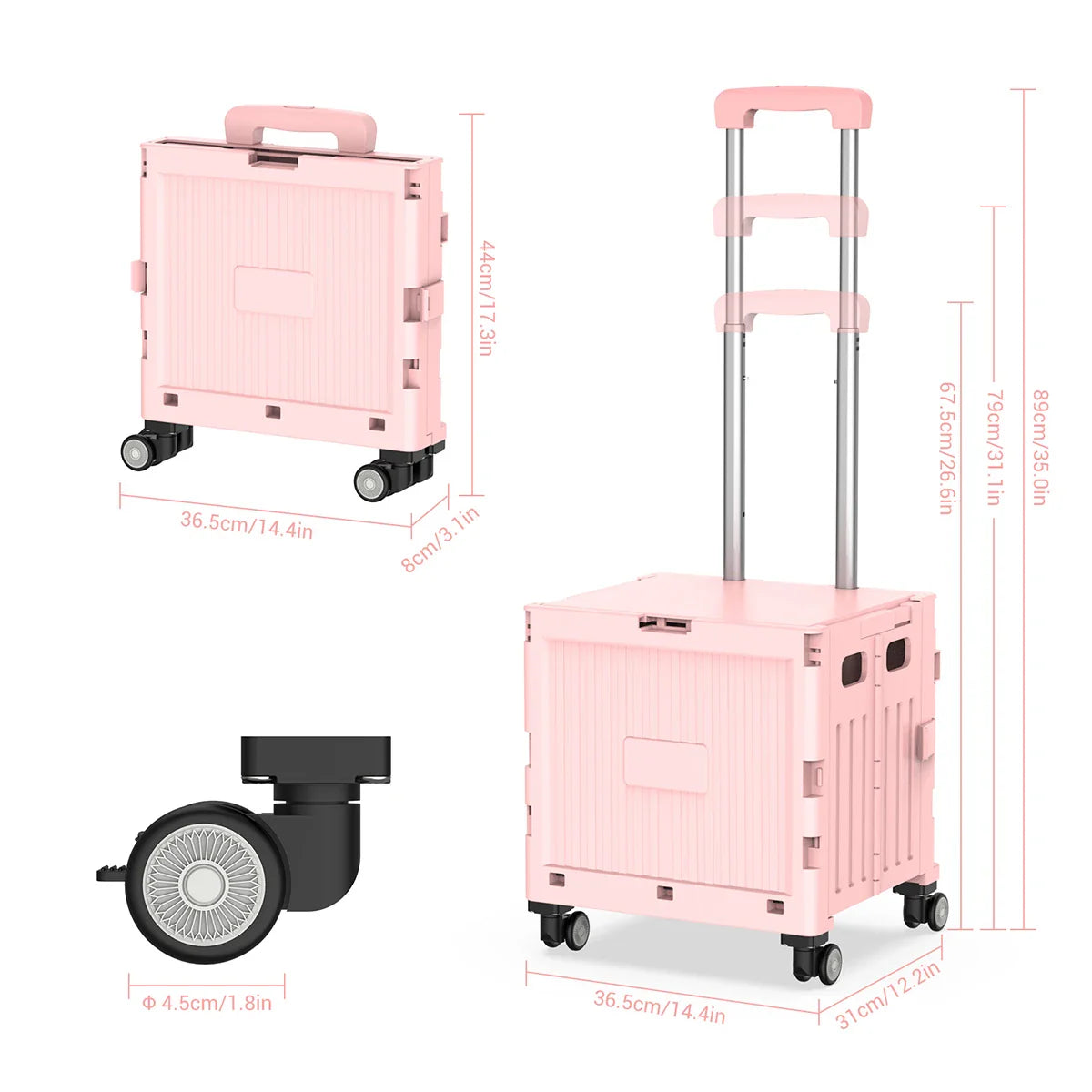 Folding Utility Shopping Trolley on Wheels Teacher Trolley Cart with Lid Portable Crate Handcart Box for Camping Shopping Pink