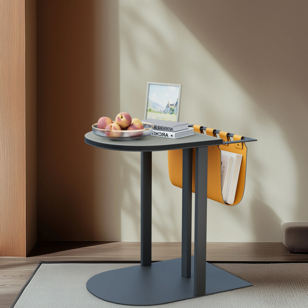 Light-Luxury Narrow Sofa Side Table, Saddle Leather Top, Bedside End Table, Magazine Rack for Living Room and Bedroom