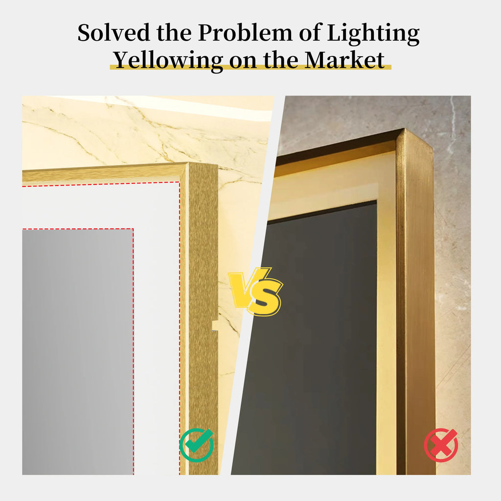 Gold Lighted Bathroom Mirror Rectangular Large LED Lighted Bathroom Mirror Gold Aluminum Frame with Front-lit Adjustable
