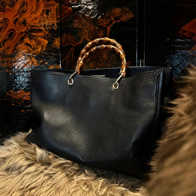 Large Capacity Black Tote Bag Women High Quality Soft Comfortable Leather Bamboo Handle Handbag Minimalist Fashion Female Bags
