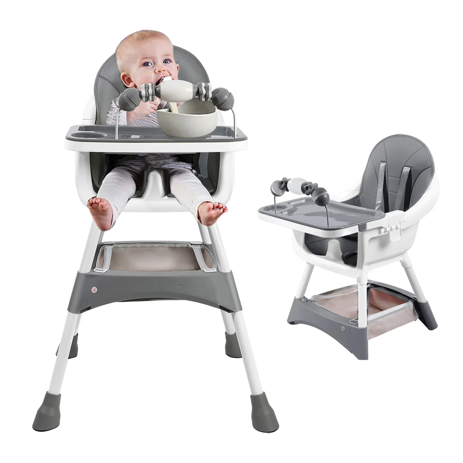 Baby High Chair, Portable Baby Dining Chairs Eat & Play Convertible High Chair with Double-Layer Dinner Plate and Toy Rack