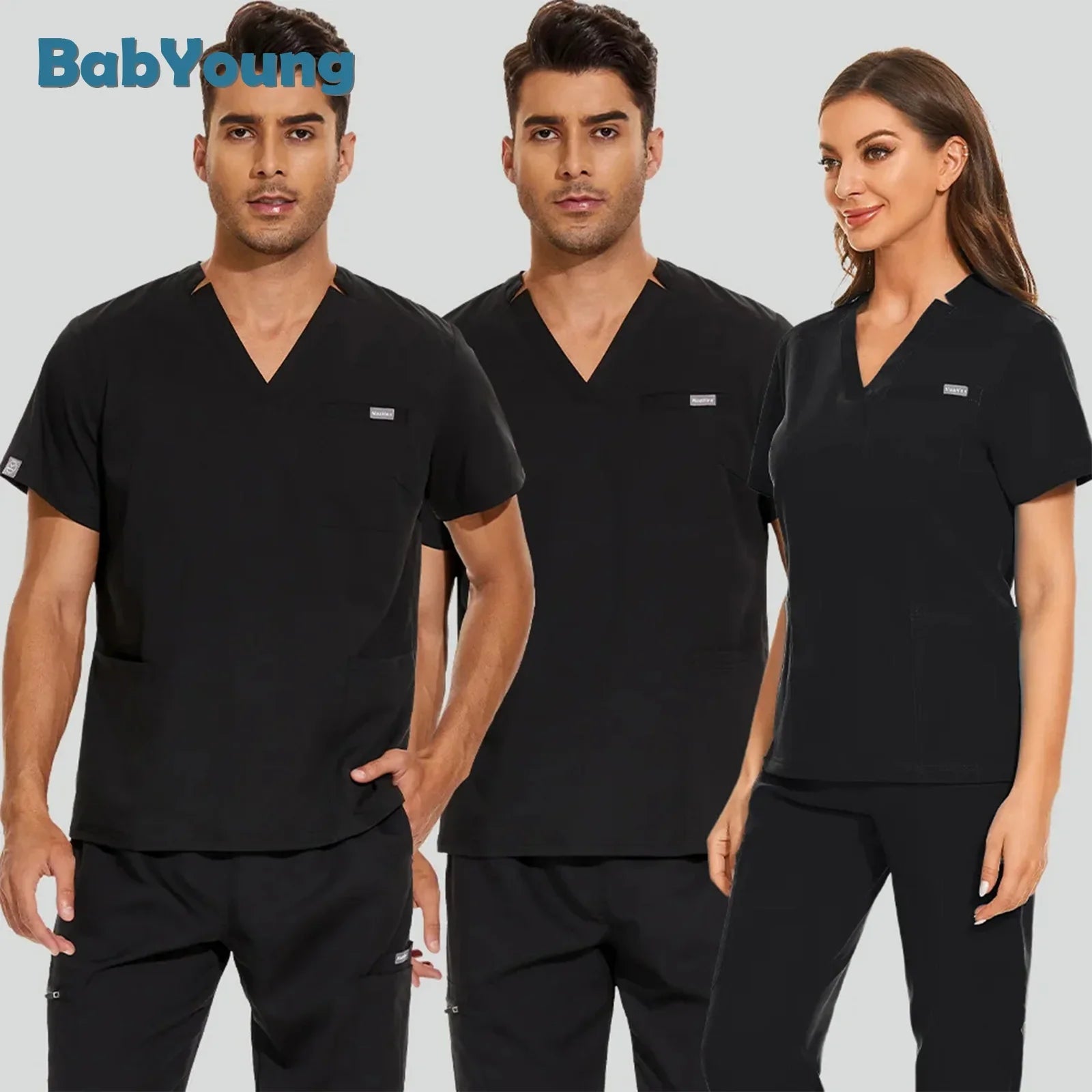 Hospital Nursing Uniform Surgery Scrubs Tops Women Short Sleeved Shirts Dental Clinic Workwear Nurse Blouse Doctor Clothes Black