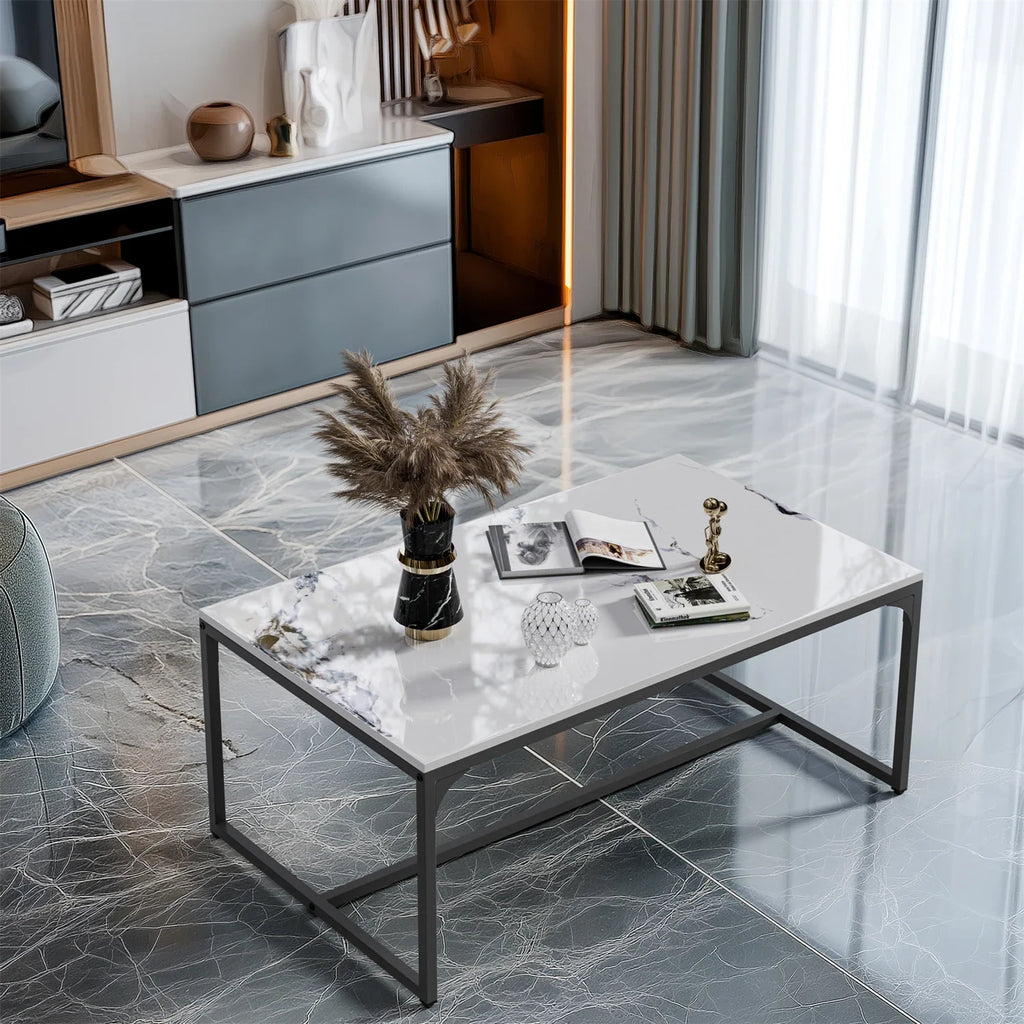 Ink Painting Texture Rectangular Coffee Table Modern Chic Sofa Side Sintered Stone-top Center Table Aluminum Frame