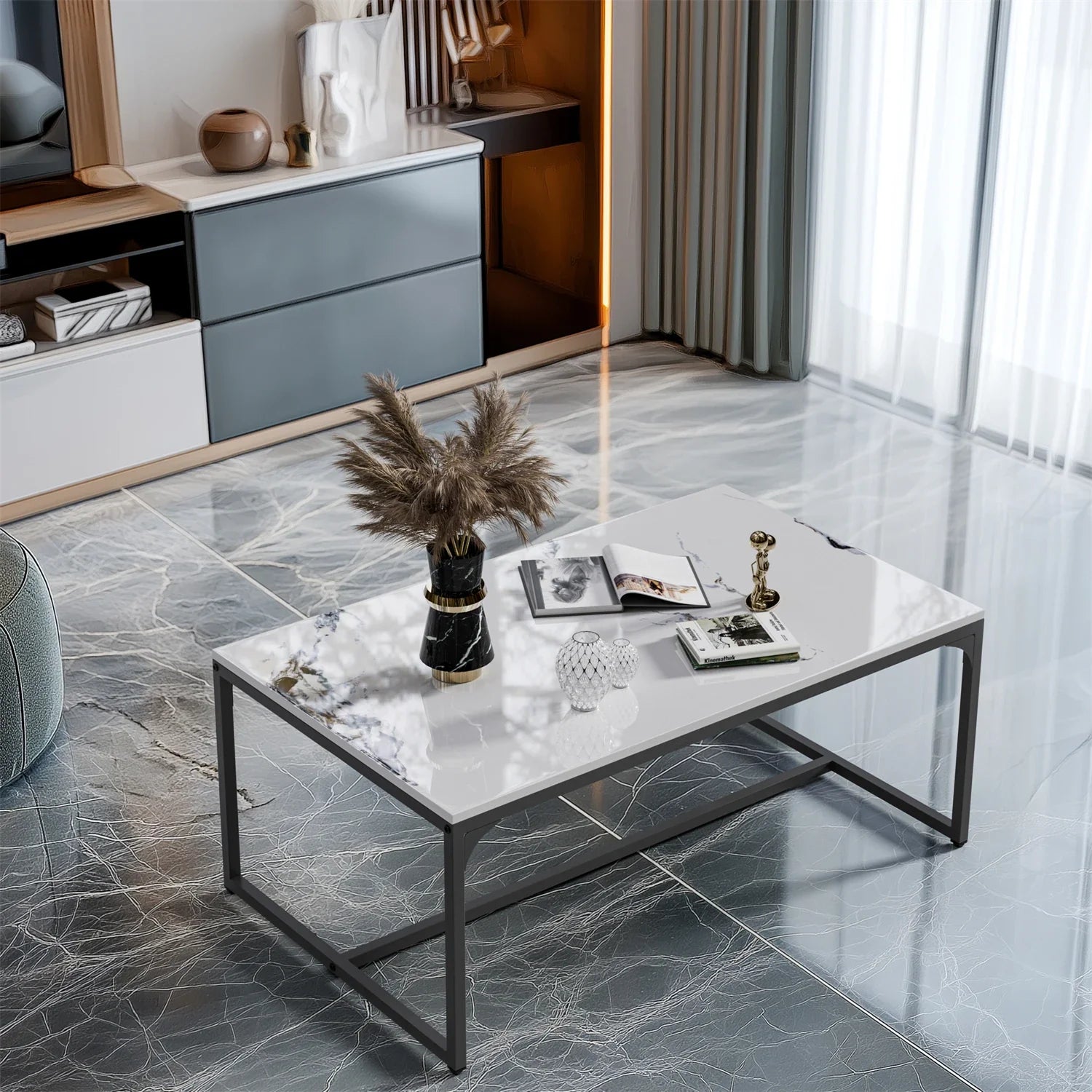 Ink Painting Texture Rectangular Coffee Table Modern Chic Sofa Side Sintered Stone-top Center Table Aluminum Frame