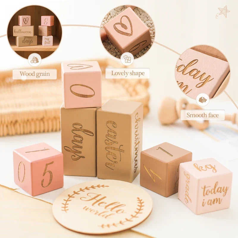 Baby Wooden Milestone Blocks 0-12 Months Newborn Birth Grow up High Quality Commemorate Props Infant Photography Accessoriees