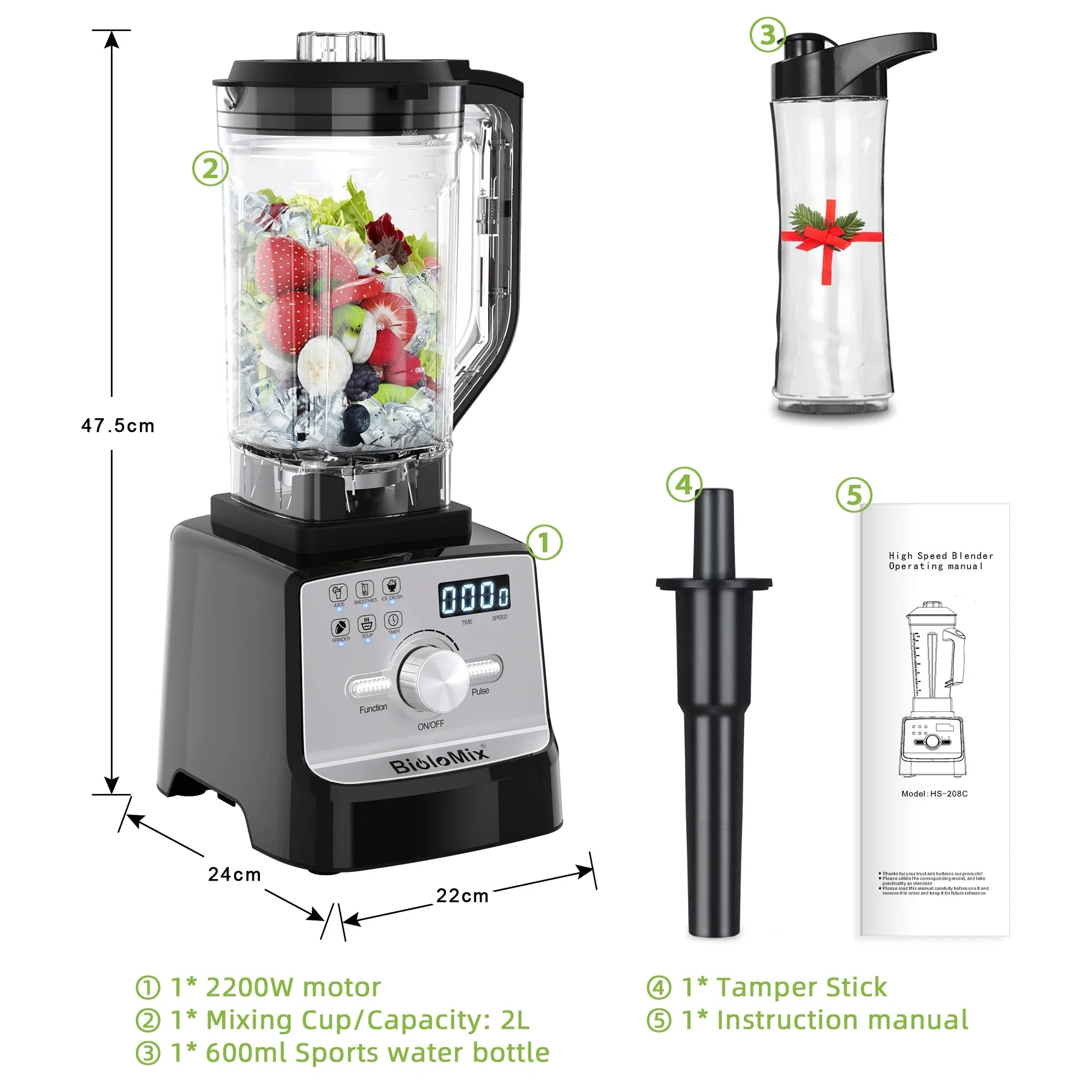 BioloMix Professional Blender Smoothie Mixer with 2L BPA Free Pitcher, Smart Timer And Pre-programed Peak 2200W Power Mixer