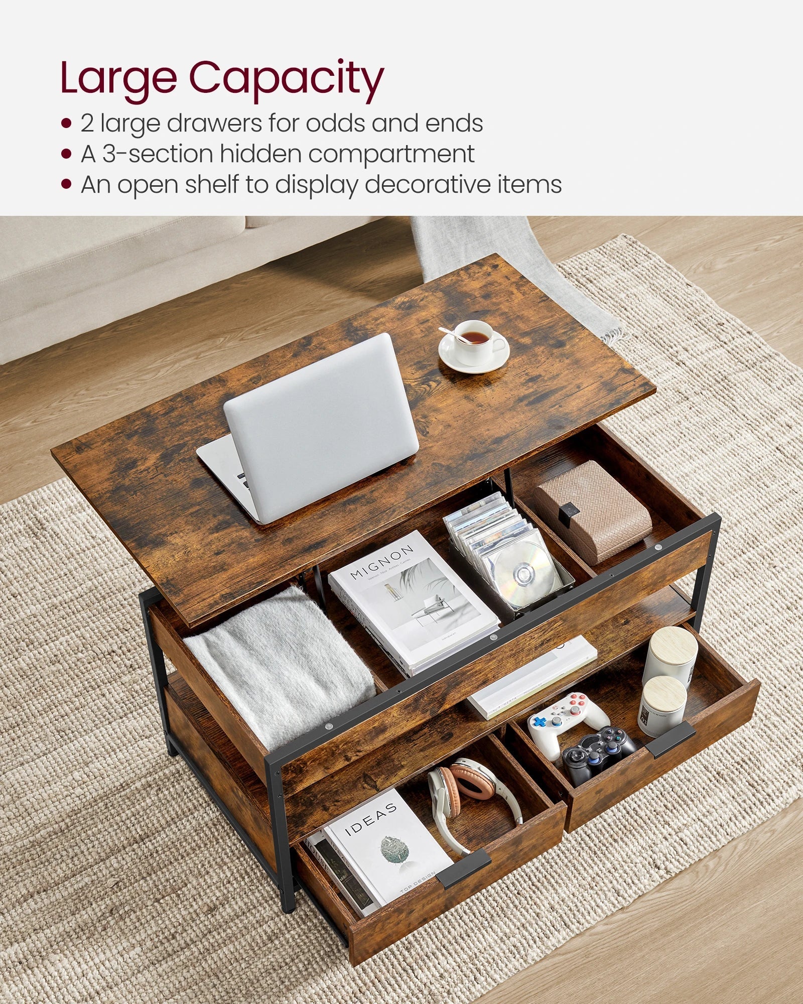 VASAGLE Lift Top Coffee Table, Living Room Table, with Storage Drawers, Hidden Compartments, and Open Shelf
