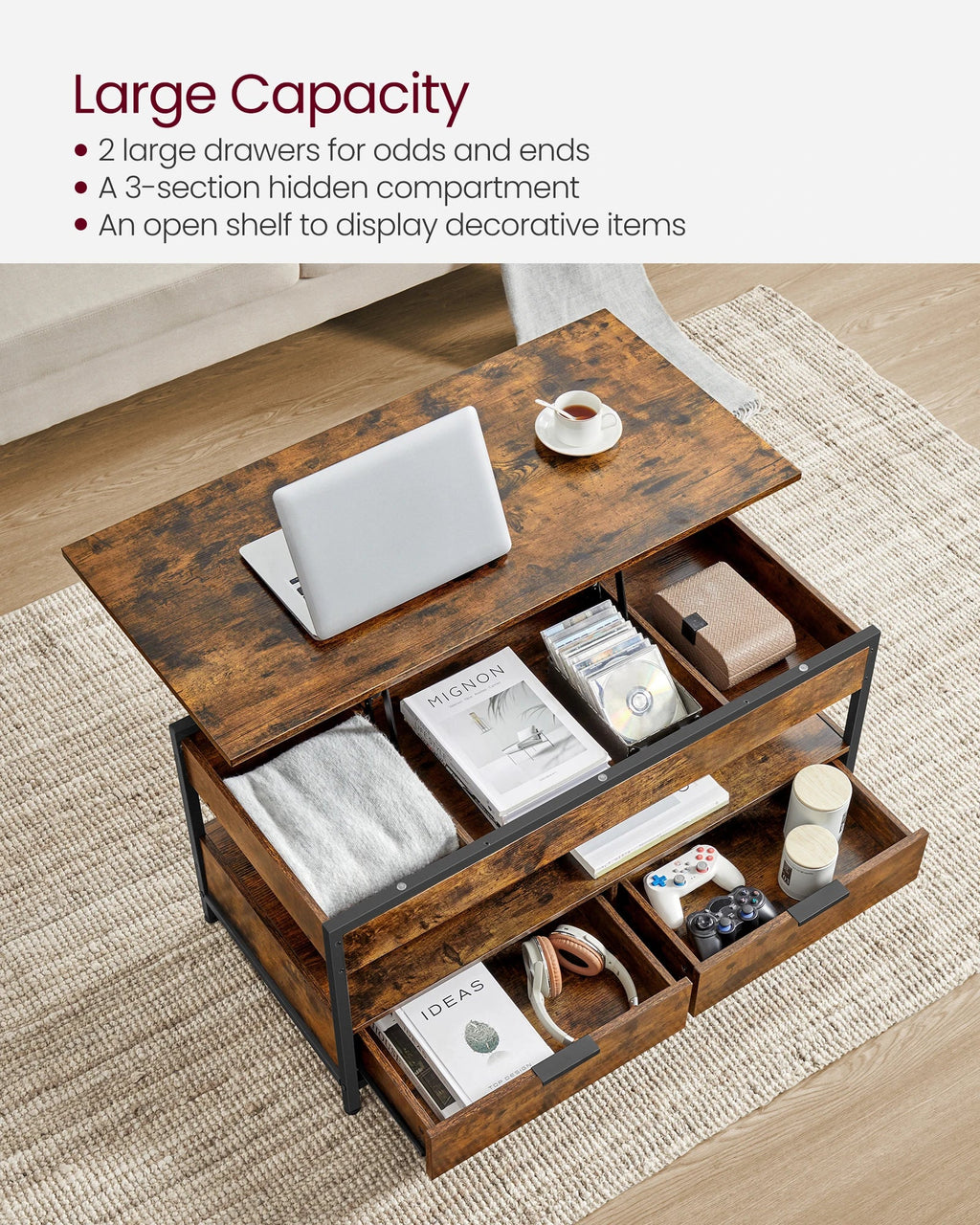 VASAGLE Lift Top Coffee Table, Living Room Table, with Storage Drawers, Hidden Compartments, and Open Shelf