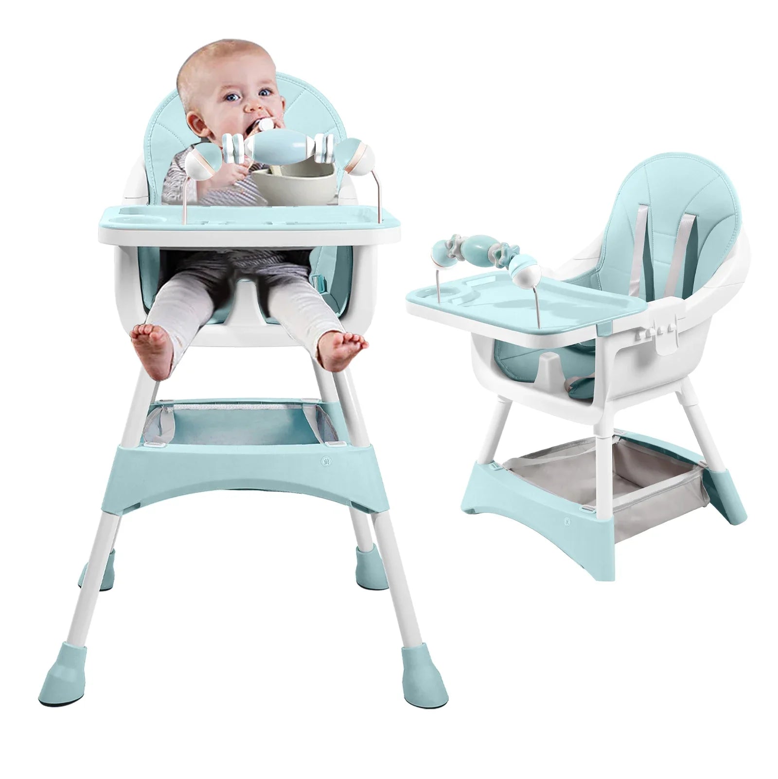 Baby High Chair, Portable Baby Dining Chairs Eat & Play Convertible High Chair with Double-Layer Dinner Plate and Toy Rack