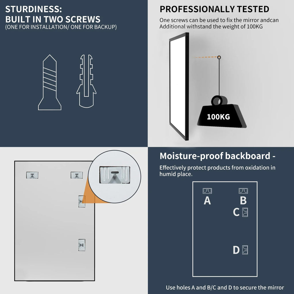 60x90CM Rectangular Wall Mounted Mirror Bathroom Bedroom Makeup Dressing Mirror Black Framed Horizontal or Vertical