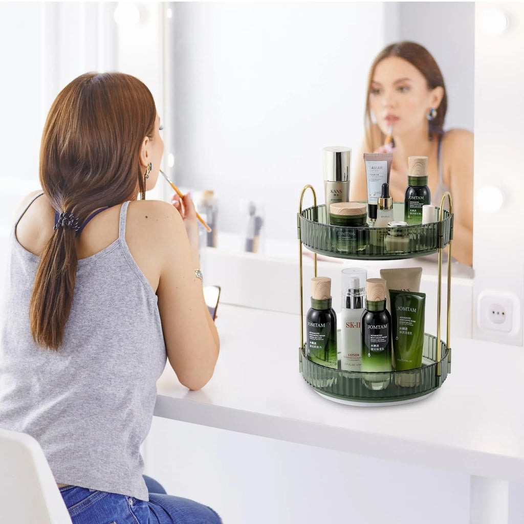 Rotating Makeup Organizer for Vanity Make Up Storage Box for Bathroom Counter Clear Cosmetic Toiletry Dresser Spinning Holder