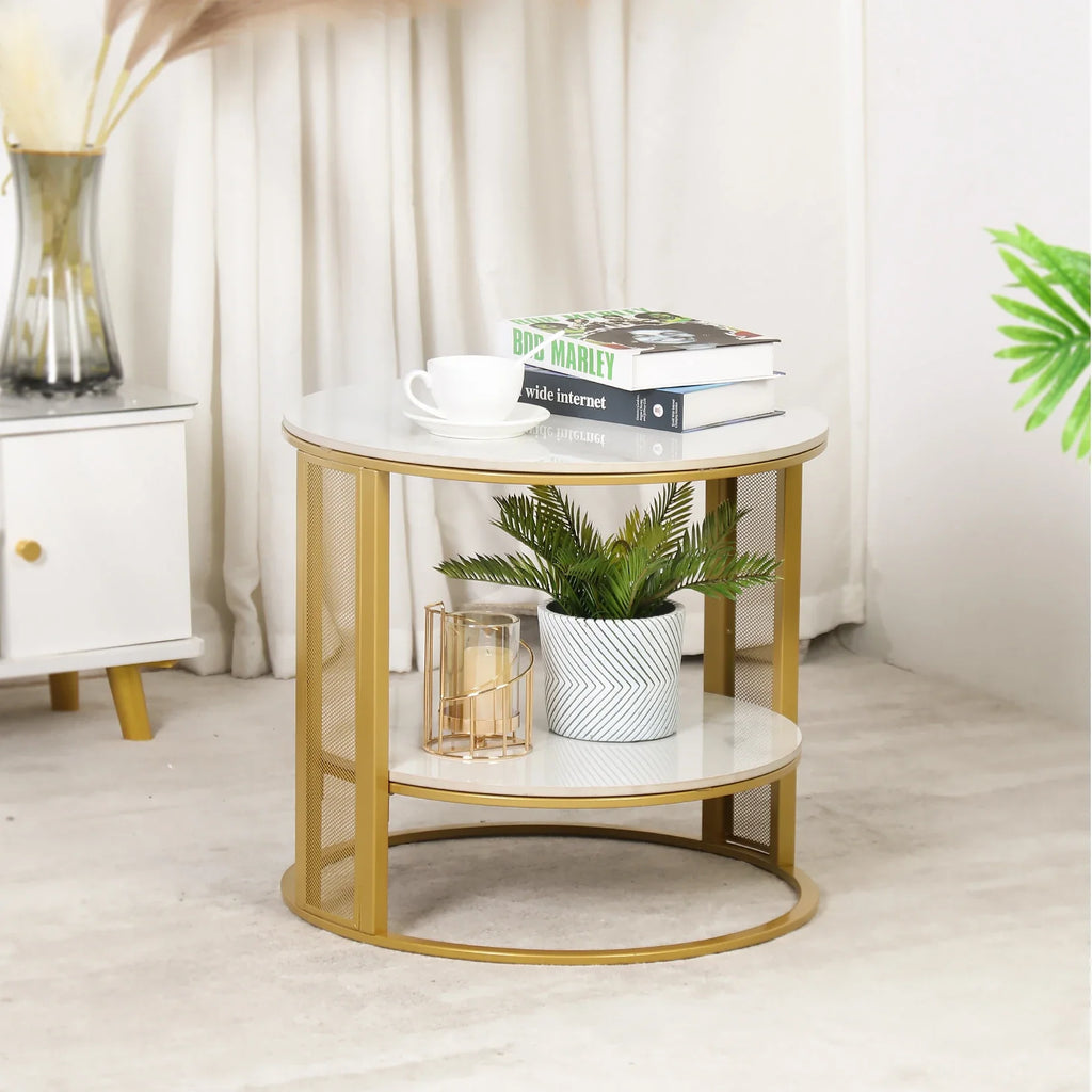 Marble Effect Coffee Table, Large Sofa Side End Table, Golden Metal Frame, 2 Tier, Home Living Room Furniture