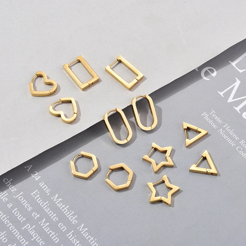 Classic Stainless Steel Hoop Earrings For Women Men Heart Star Oval Rectangle Round Triangle Gold Color Punk Hip Hop Jewelry