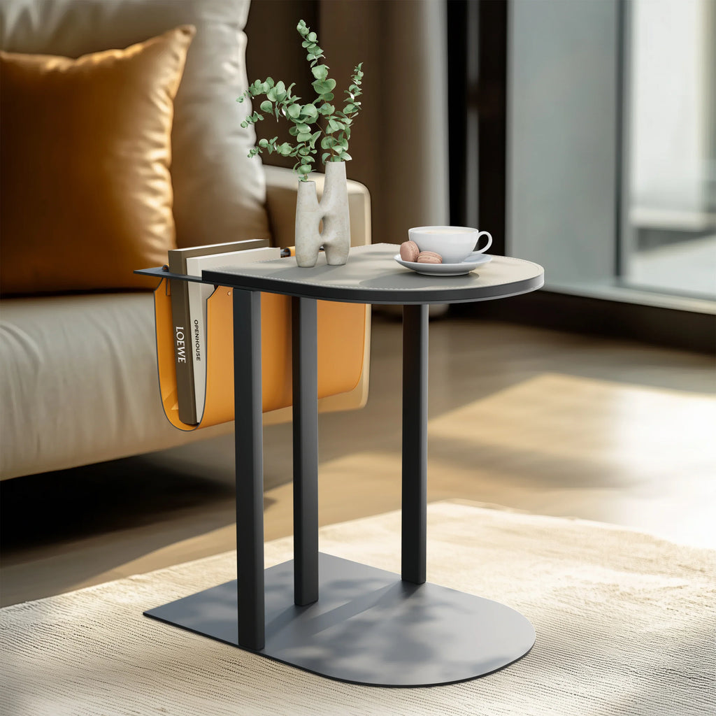 Light-Luxury Narrow Sofa Side Table, Saddle Leather Top, Bedside End Table, Magazine Rack for Living Room and Bedroom