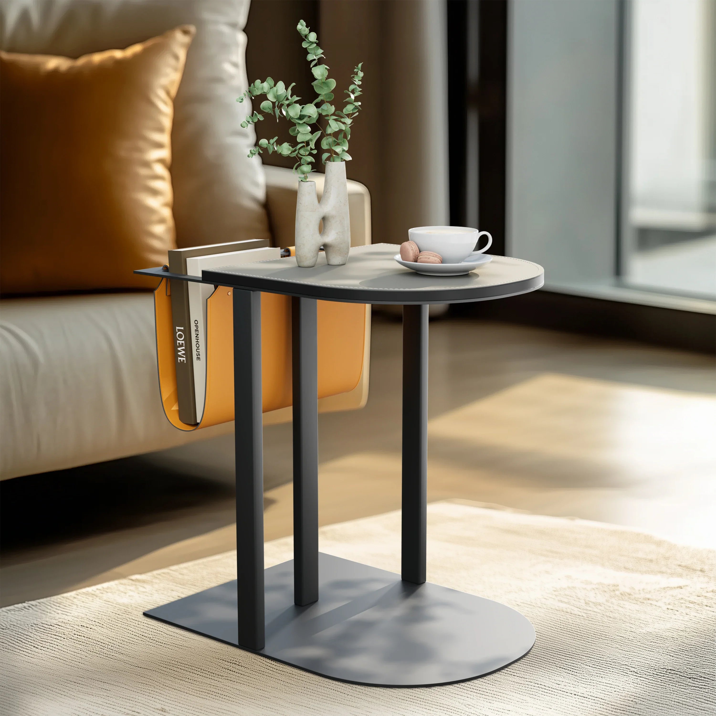 Light-Luxury Narrow Sofa Side Table, Saddle Leather Top, Bedside End Table, Magazine Rack for Living Room and Bedroom