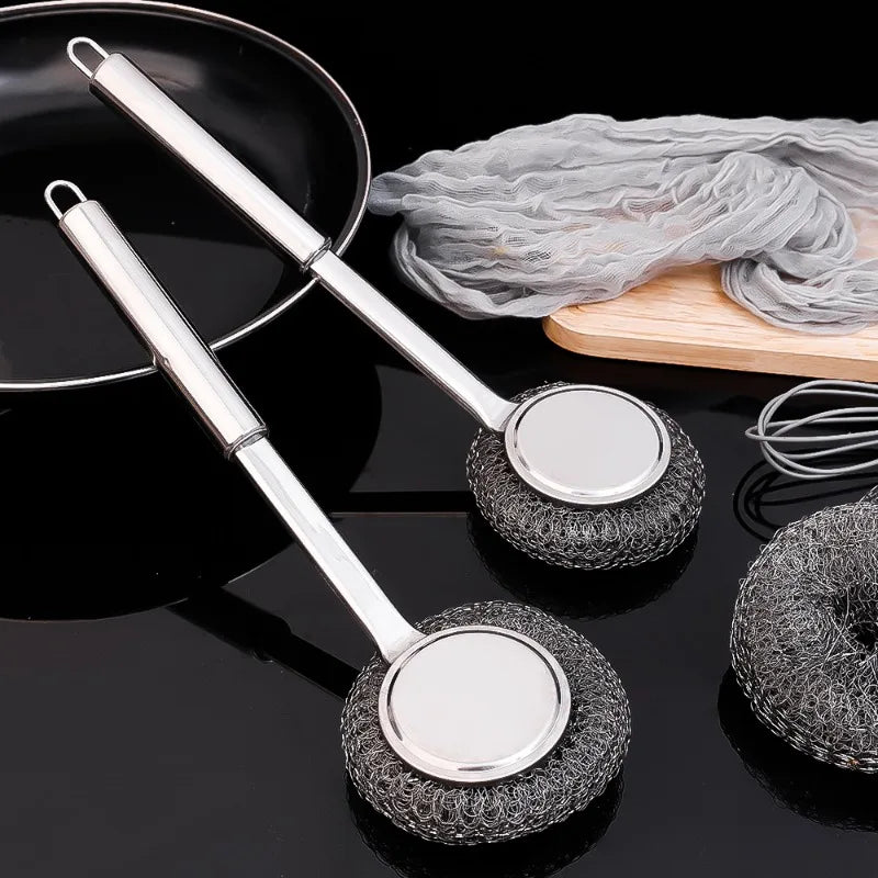 Stainless Steel Wire Brush with Long Handles Kitchen Replacement Steel Wool Wire Ball Dishwashing Brush Sink Countertop Cleaning