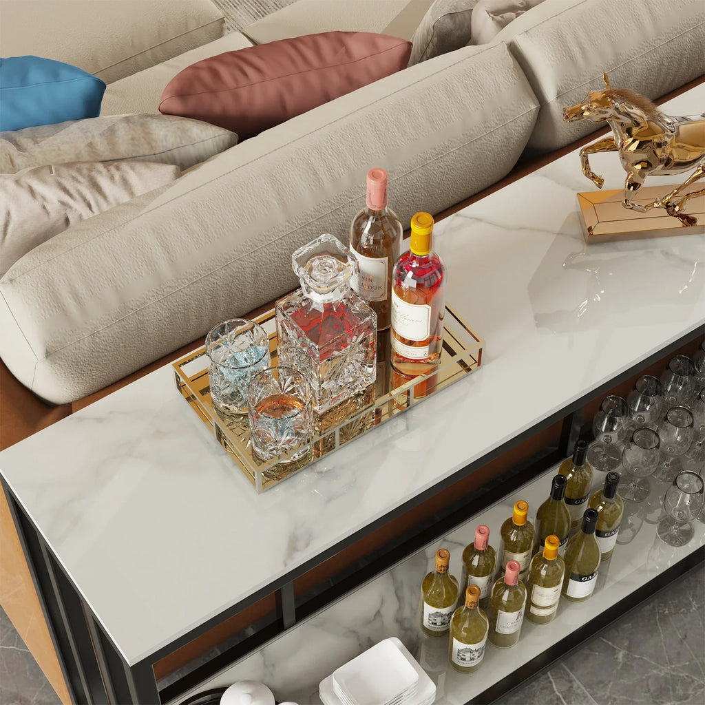 2-Tier White Marble Entryway Console Table Extra Long Foyer Buffet Couch Table Open Shelf