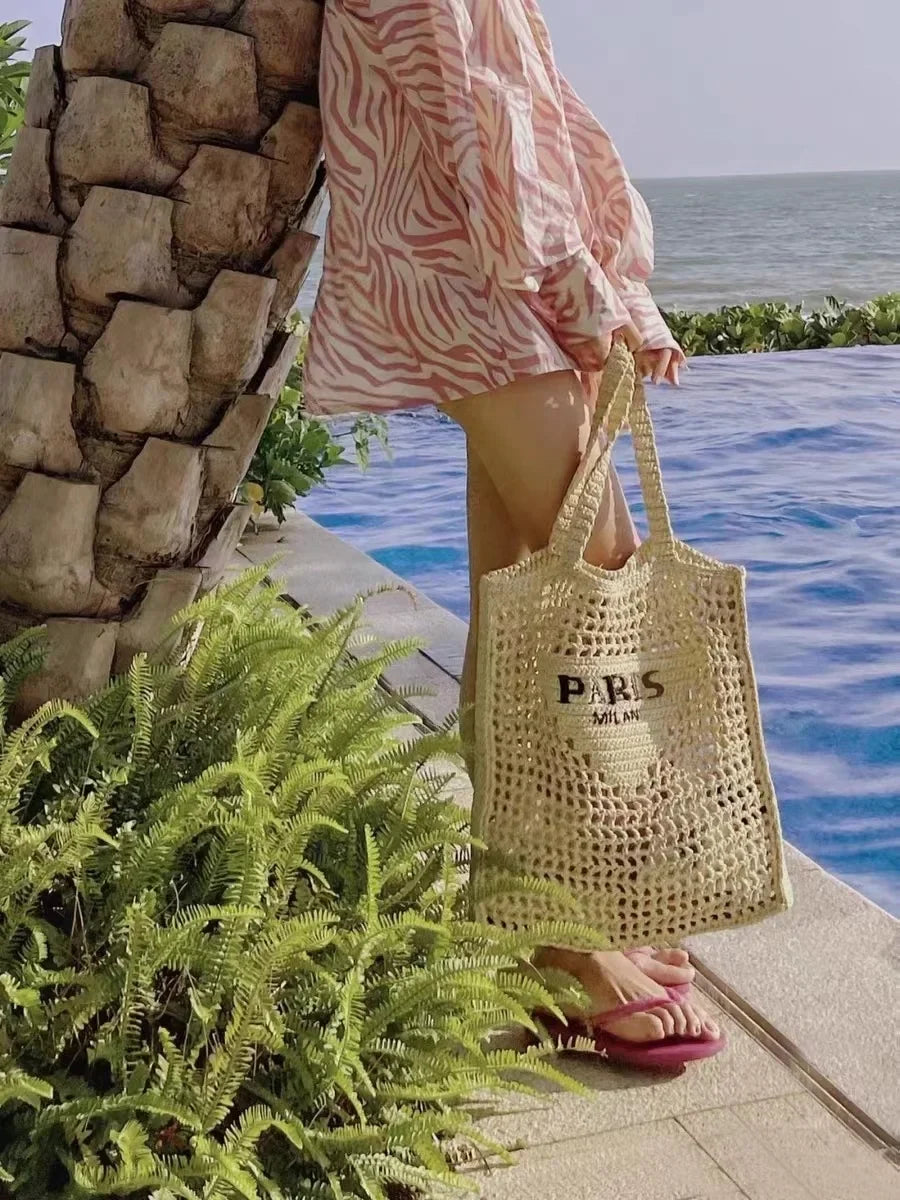 Women's Fashion Large Capacity Handmade Straw Knitting Tote Bag Summer Travel Beach Shoulder Bags Casual Simple Portable Handbag