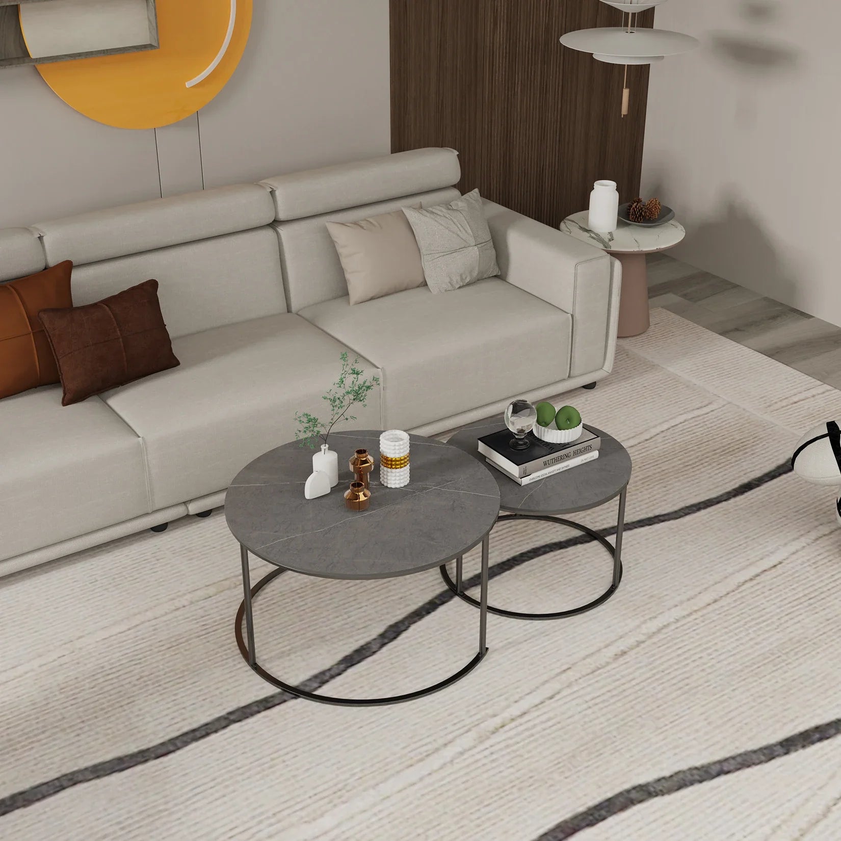 Modern Nesting Round Grey Marble Top Coffee Table Set Sintered Stone Table Metal Legs Home Furniture