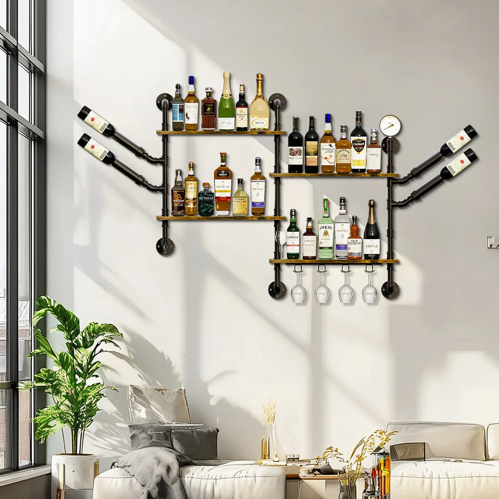 Pipe Bar Liquor Shelf, Floating Shelves with Wine Glass Holder, Wall Black Shelving Unit for Living Room and Kitchen