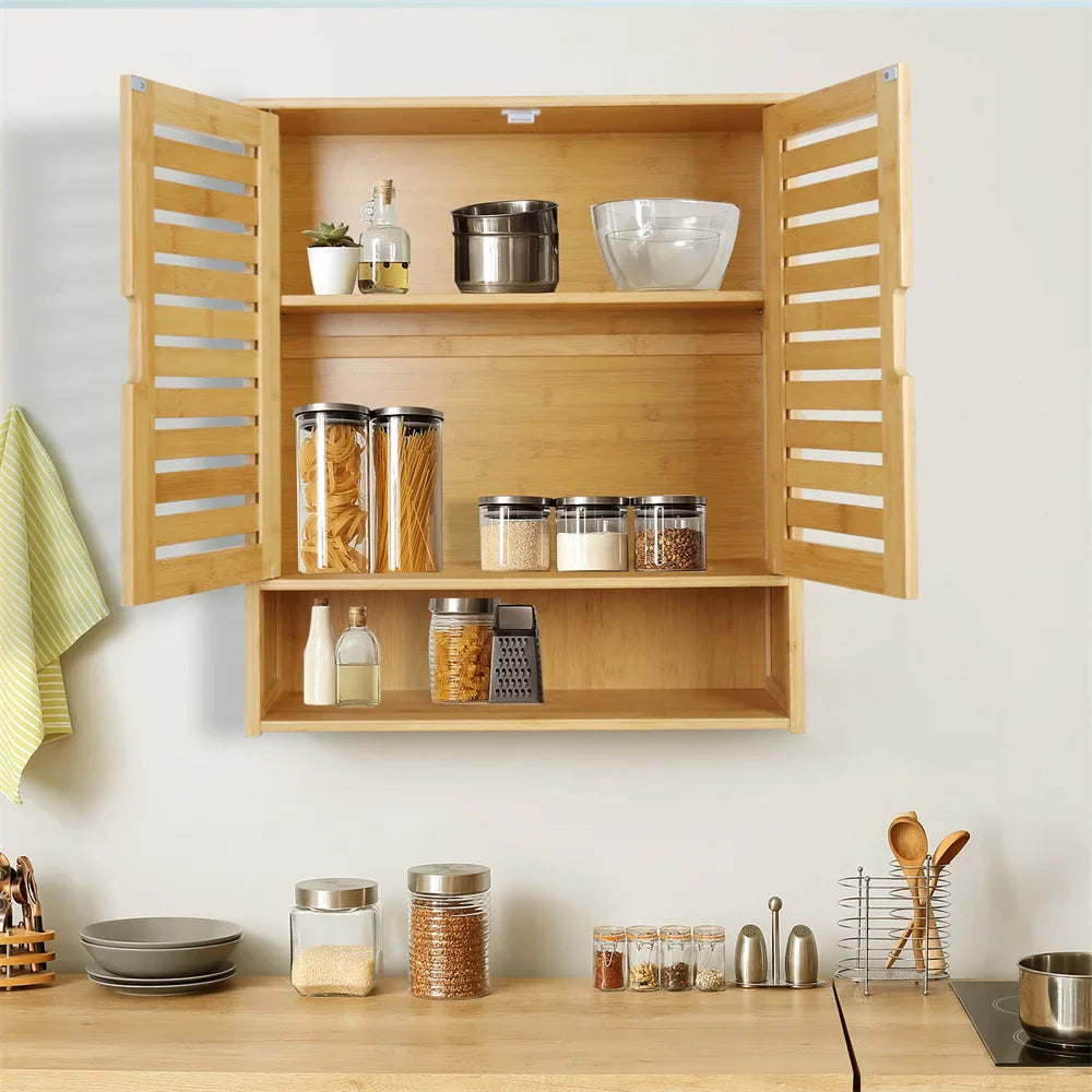 Natural Bamboo Wall-mounted Bathroom Cabinet, Kitchen Cupboard, Storage Organizer, Adjustable Shelf