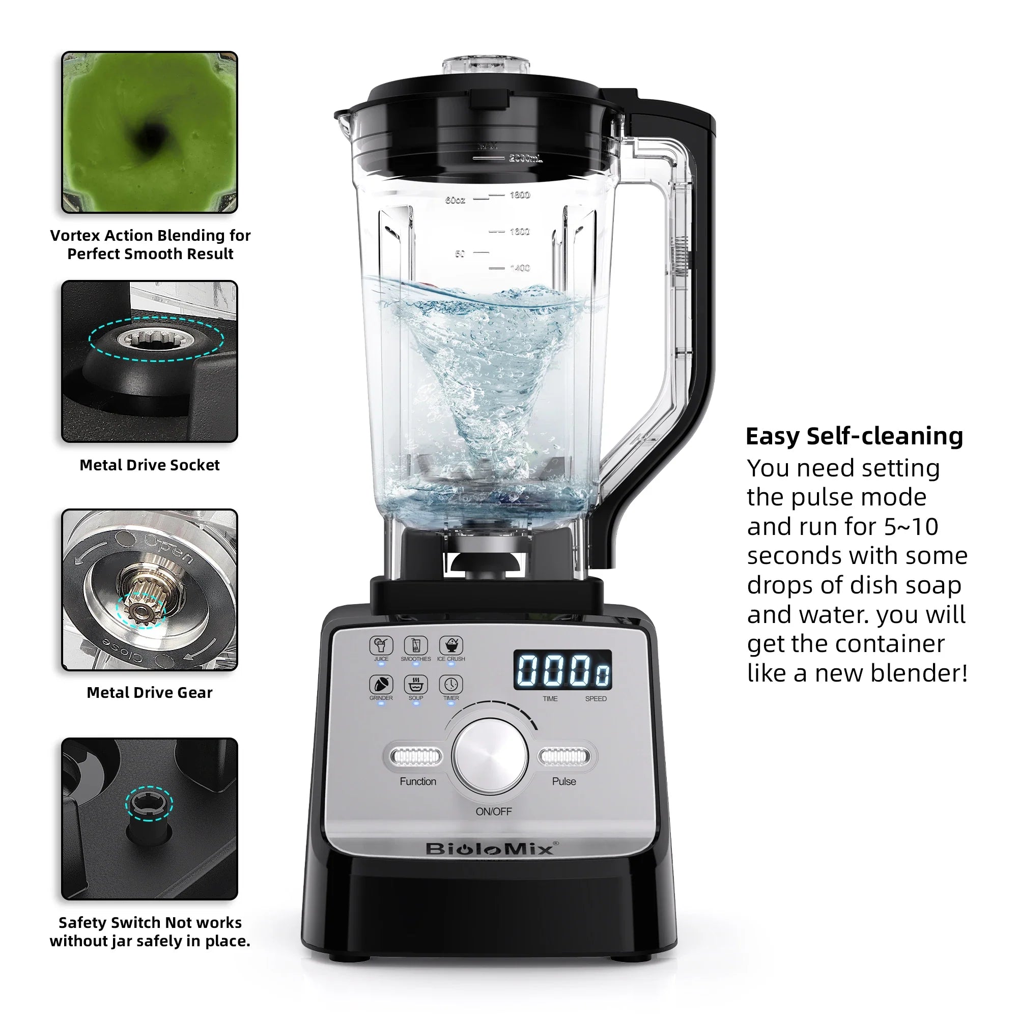 BioloMix Professional Blender Smoothie Mixer with 2L BPA Free Pitcher, Smart Timer And Pre-programed Peak 2200W Power Mixer