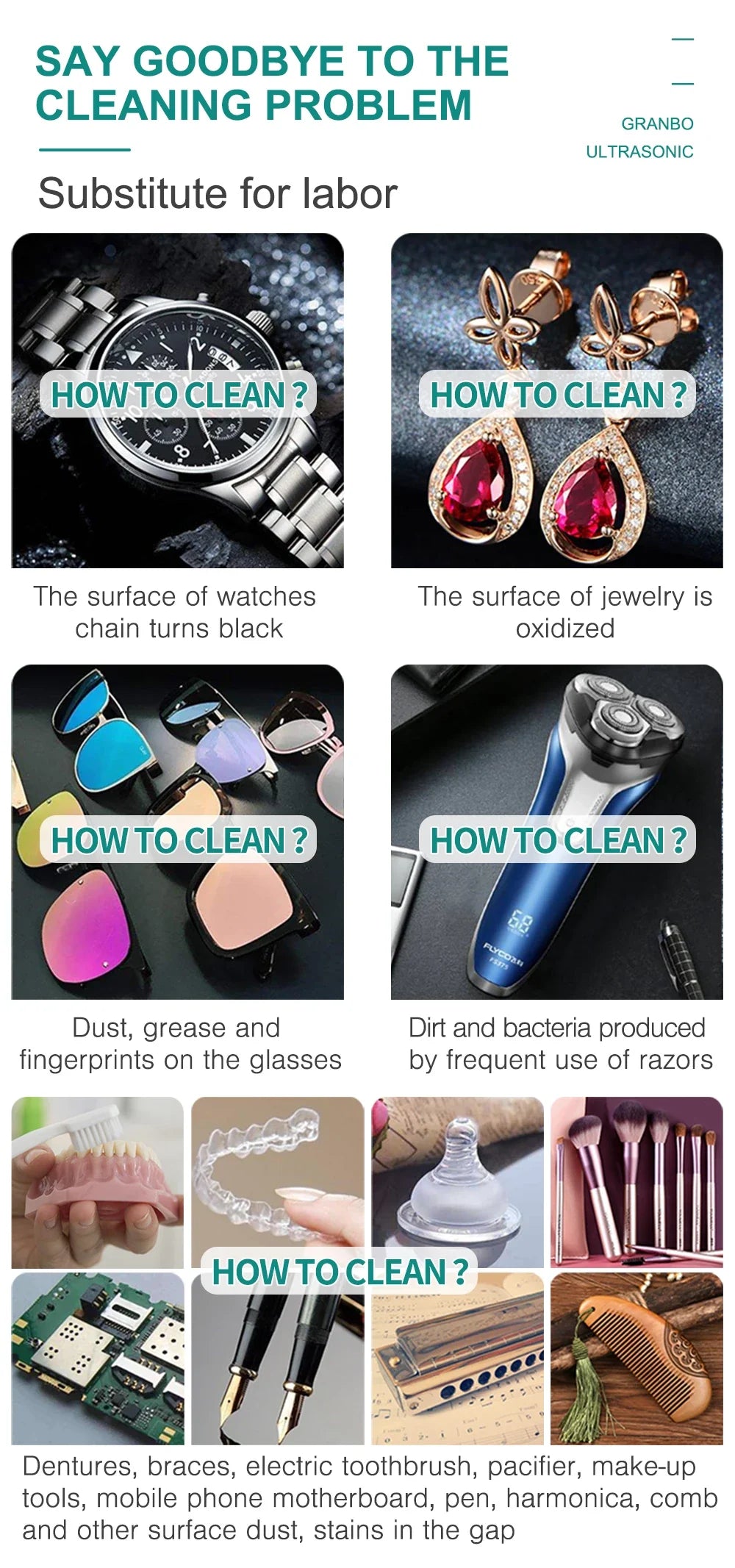 Granbosonic Ultrasonic Cleaner 800ML 1L 40KHz 35W 60W Easy Operation Jewelry Glasses Makeup Washer Bath New Design