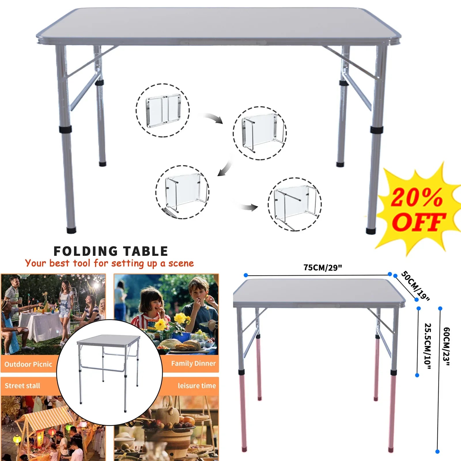 Folding Table Heavy Duty Table Camping Party Picnic Dining Garden,Portable Folding Camping Table, 2.5ft Adjustable Height Table