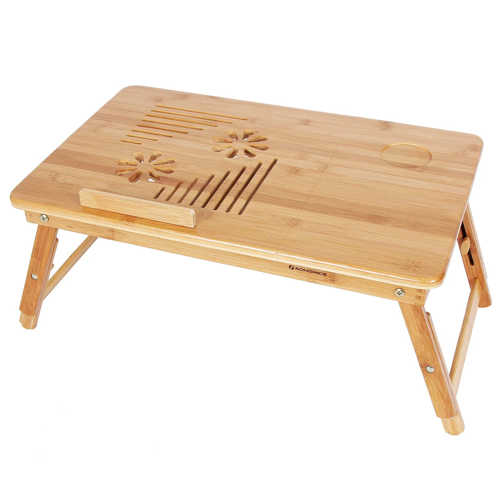 SONGMICS Bamboo Laptop Desk, Foldable Bed Table, Height Adjustable Sofa Tray, with 5 Tilting Angles, Air Holes, Small Drawer