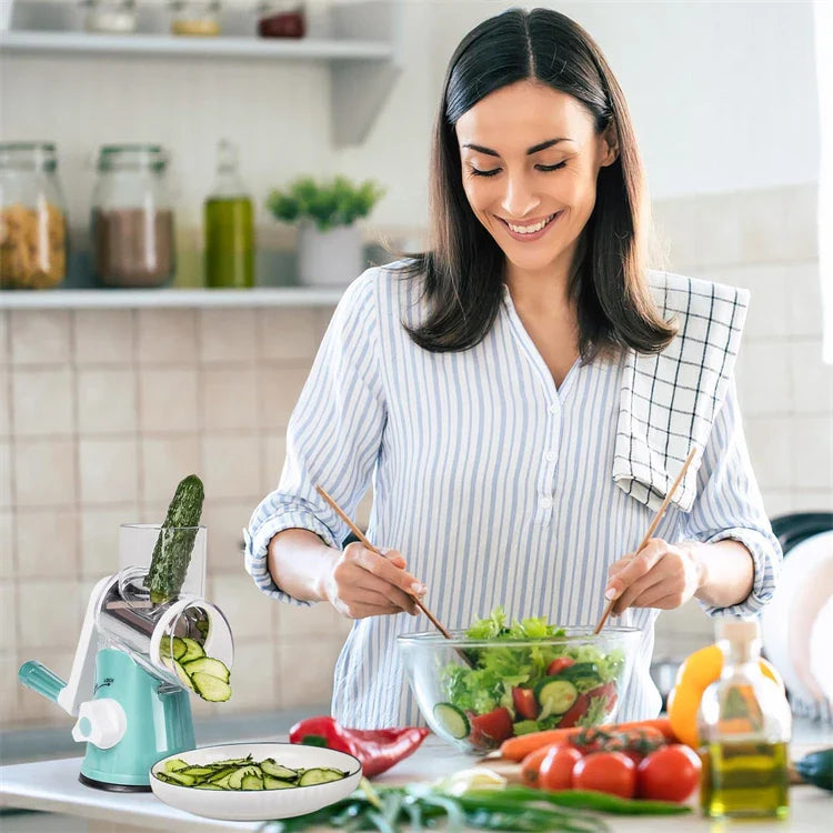Manual Rotary Cheese Grater Shredder Kitchen Mandoline Vegetable Slicer with 3 Replaceable Stainless Steel Drum Blades YY001