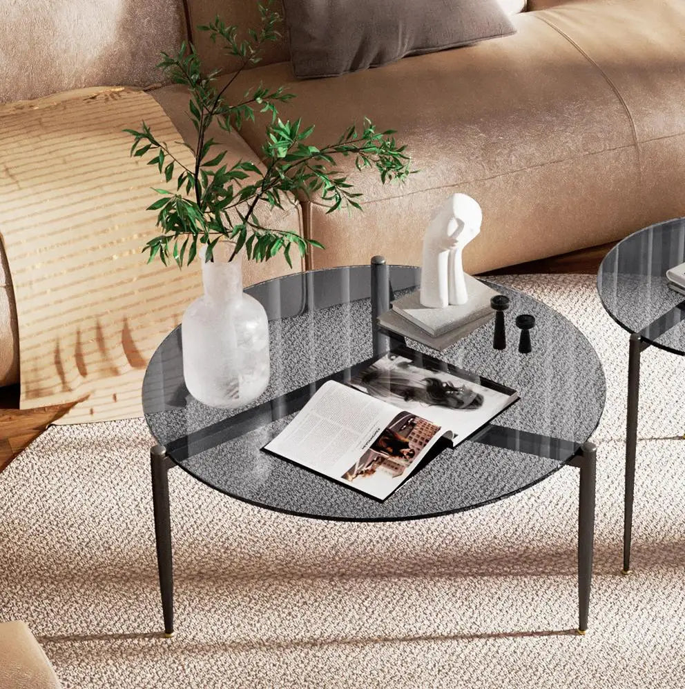 Coffee Table Leisure Round Table Tempered Glass Sofa Side End Table with Sleek Metal Legs for Living Room Office