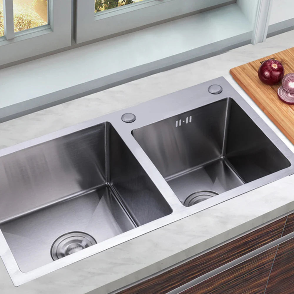 Kitchen Sink Stainless Steel Double Bowl Anti Corrosion Soundproof with Draining Basket and Sewer