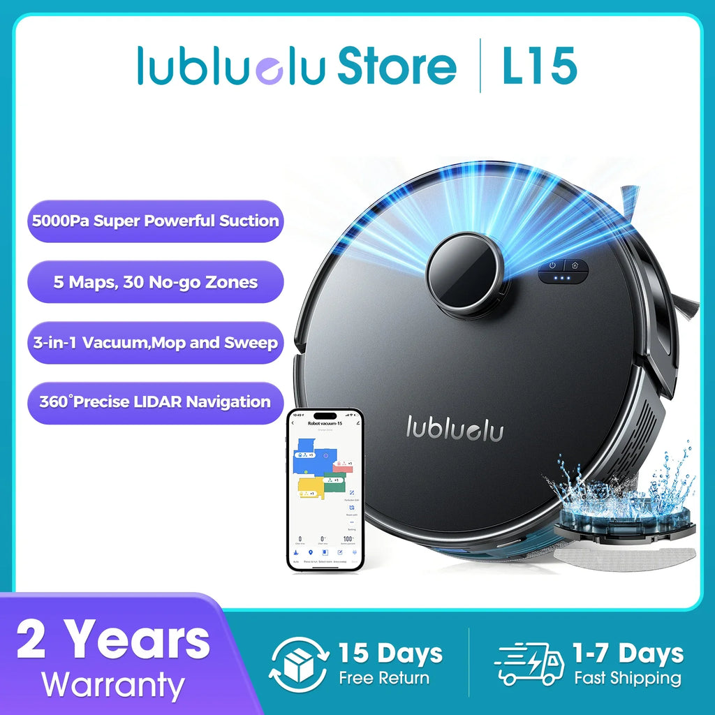 Lubluelu L15 Robot Vacuum And Mop Combo 5000Pa, 3 In 1 Robot Vacuum Cleaner,Robot Vacuum, Auto-Charging, 5 Maps, 30 No-go Zones