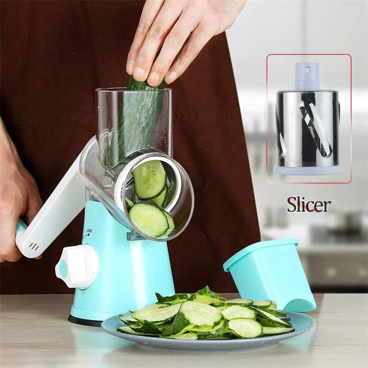 Manual Rotary Cheese Grater Shredder Kitchen Mandoline Vegetable Slicer with 3 Replaceable Stainless Steel Drum Blades YY001