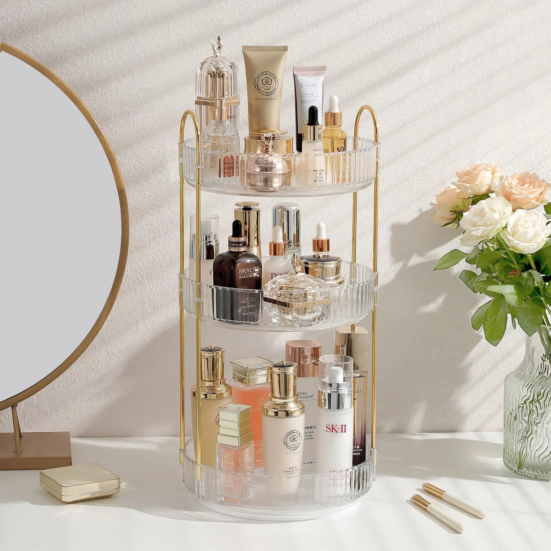 Rotating Makeup Organizer for Vanity Make Up Storage Box for Bathroom Counter Clear Cosmetic Toiletry Dresser Spinning Holder