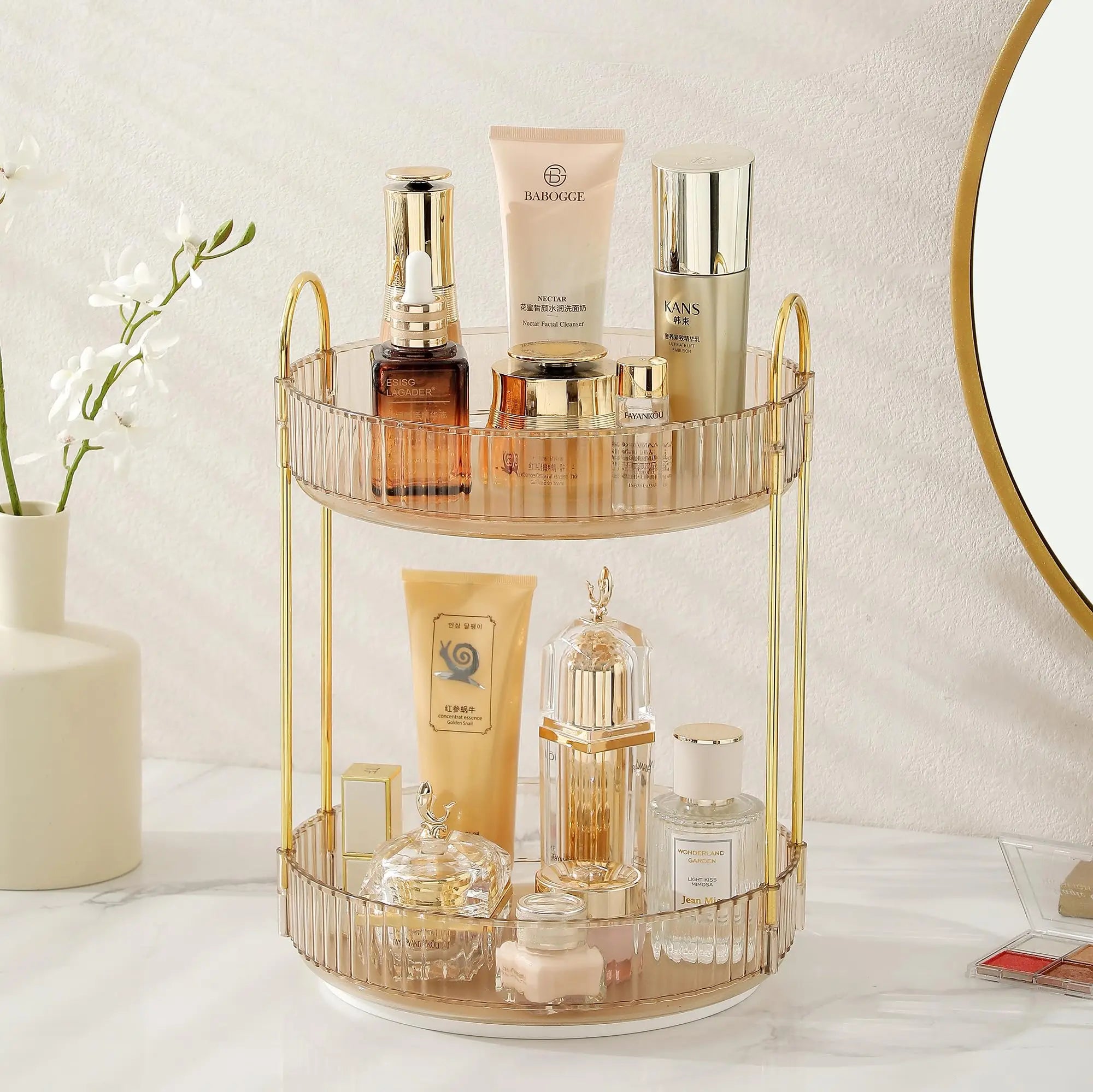 Rotating Makeup Organizer for Vanity Make Up Storage Box for Bathroom Counter Clear Cosmetic Toiletry Dresser Spinning Holder