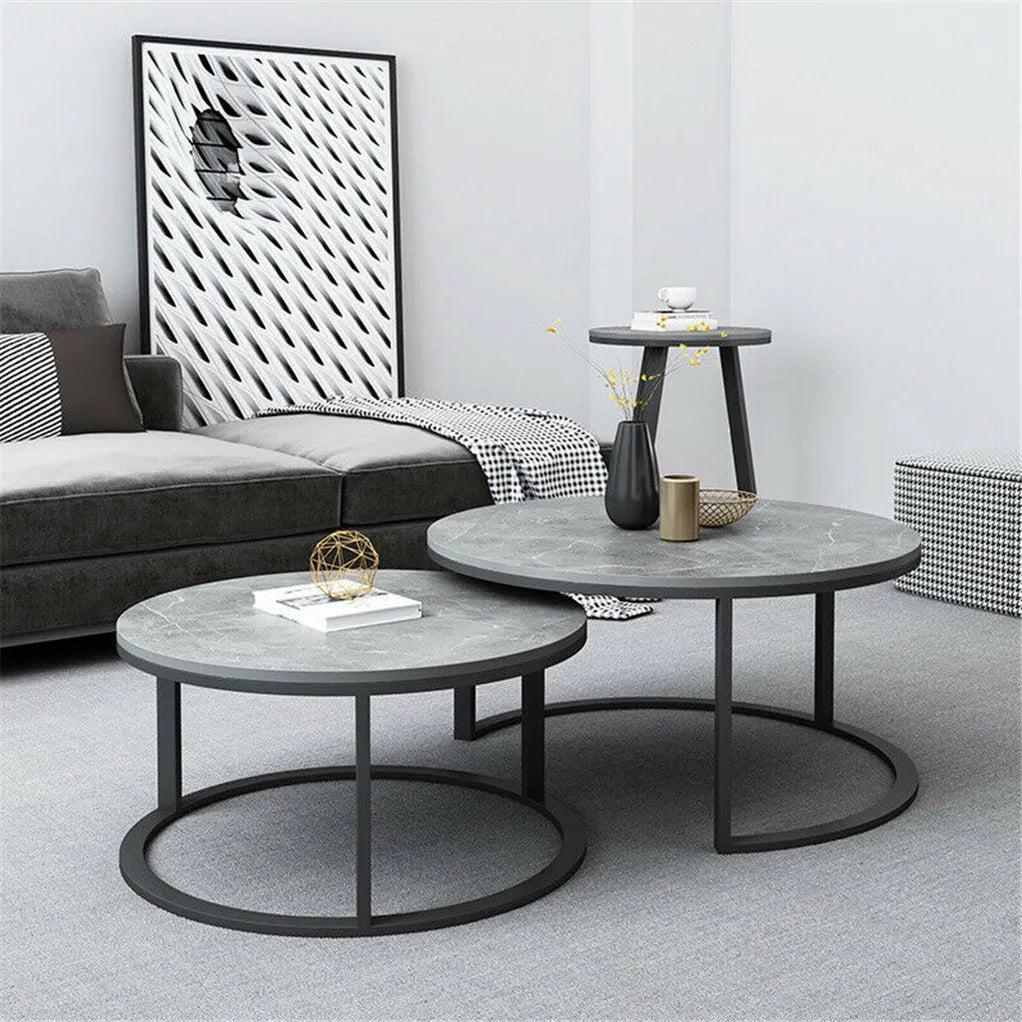 Marble Round Nesting Coffee Table, Side End Table, Accent Table, Metal Legs, Waterproof, Set of 2