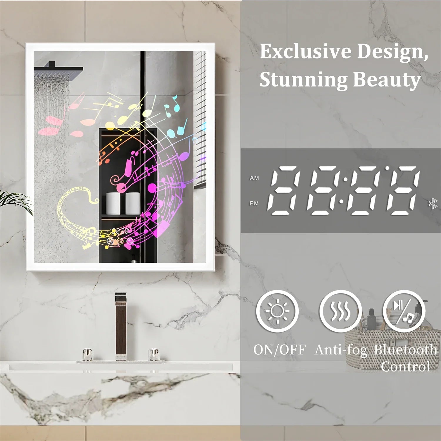 60/70CM Illuminated LED Wall Mirrored Bathroom Storage Medicine Cabinet with Shaver Socket, Bluetooth Speaker Anti-Fog