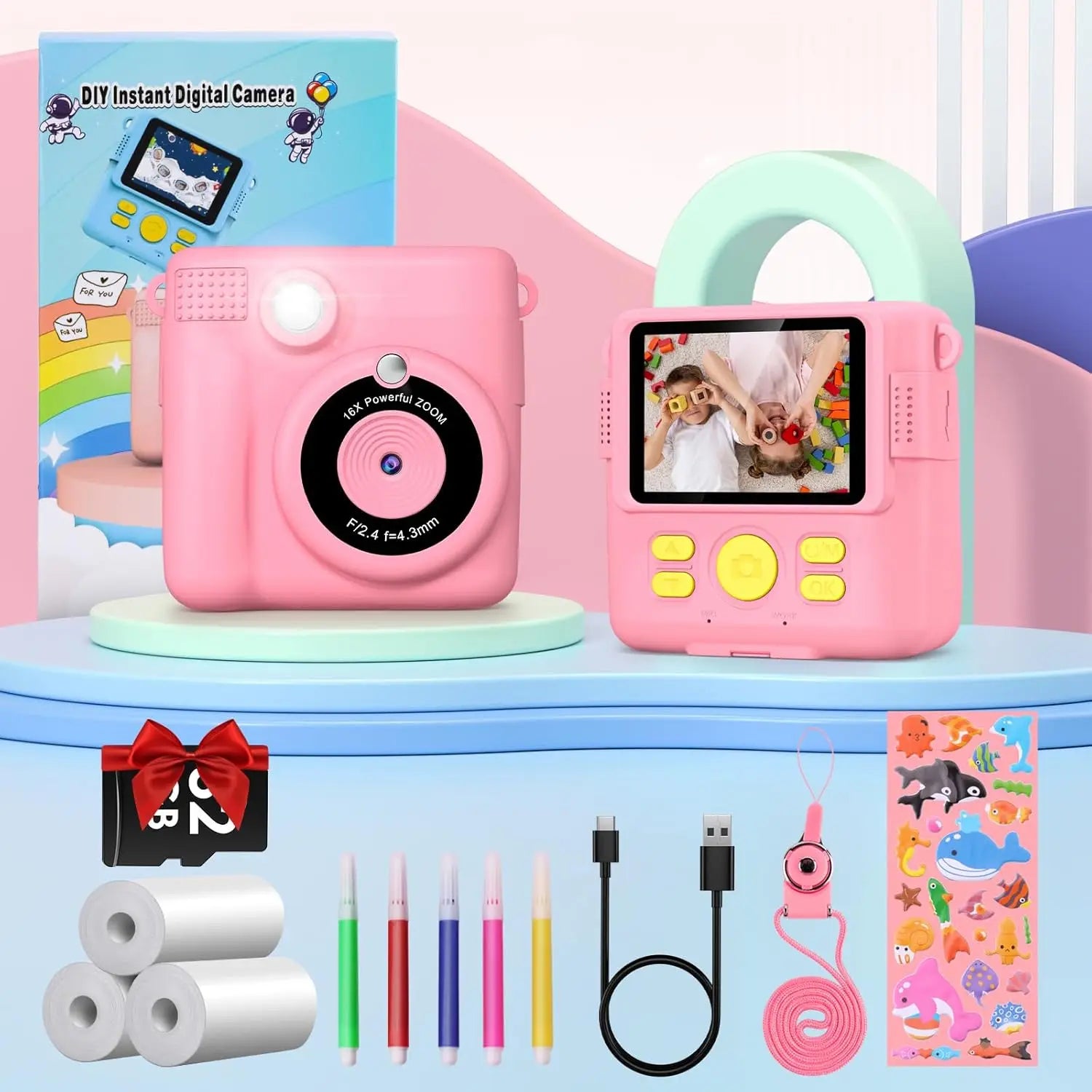 Gofunly Children's Instant Print Camera Thermal Printing Digital Camera 2.4" 1080P Camera Toy For 6-12 Years