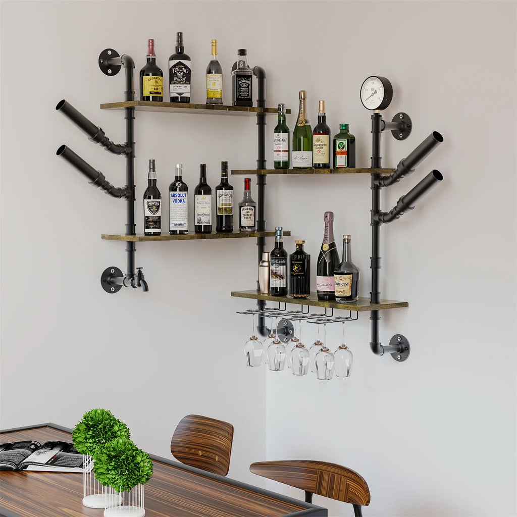 Pipe Bar Liquor Shelf, Floating Shelves with Wine Glass Holder, Wall Black Shelving Unit for Living Room and Kitchen