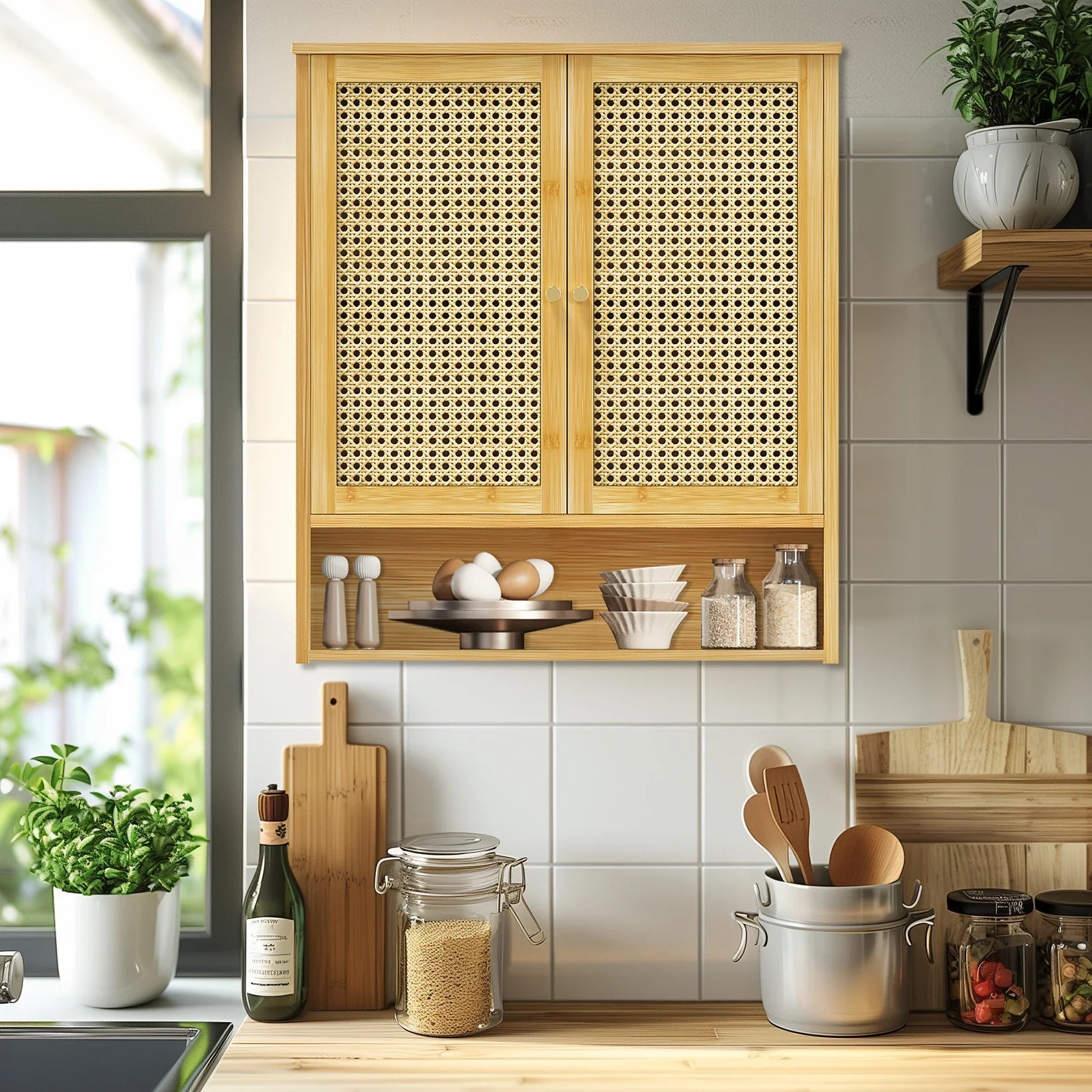 Bathroom Cabinet Wall Mounted Bamboo Storage Organizer Medicine Cabinet Unit Kitchen Shelf