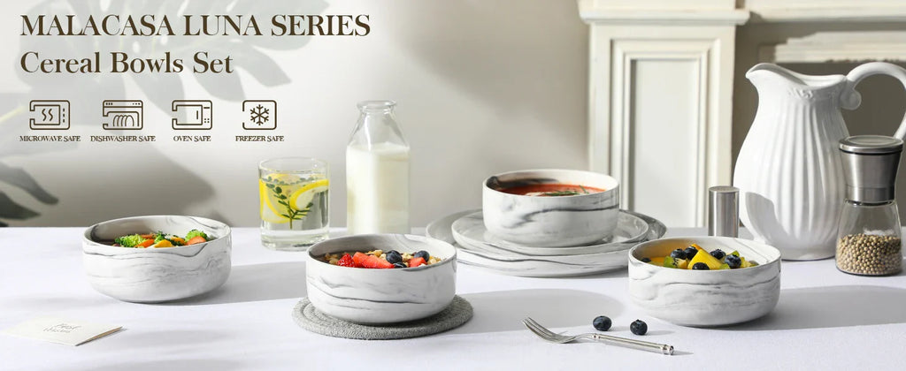 MALACASA 4 Piece Bowl 26oz Ceramic Dinnerware set White Porcelain Plates Grey Marble Tableware Set Cereal Bowls Salad Soup Bowls