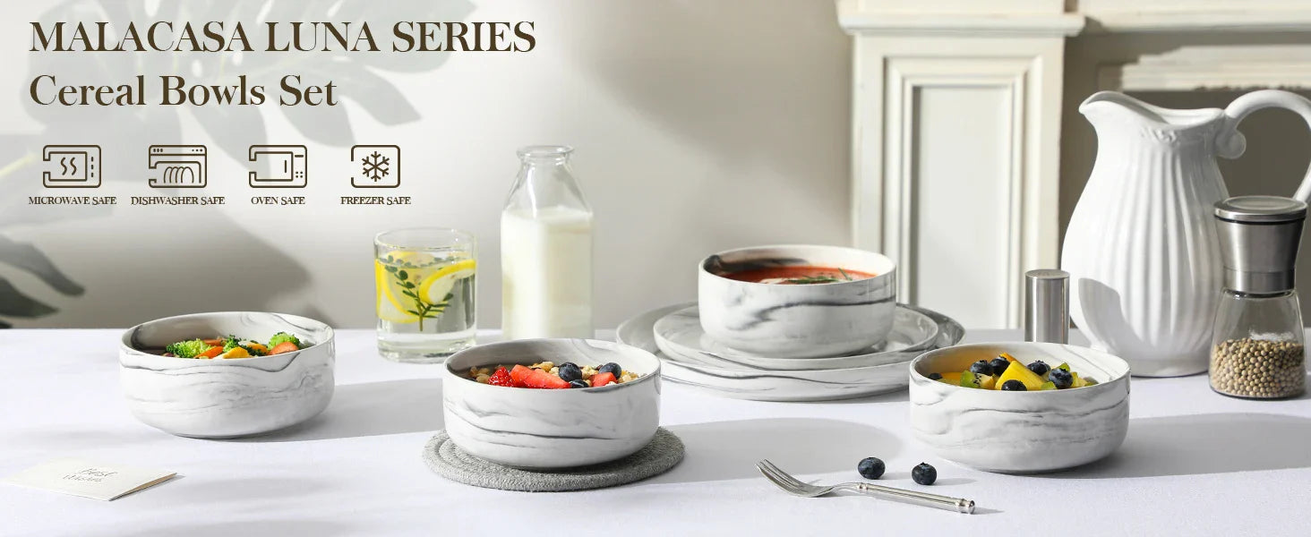 MALACASA 4 Piece Bowl 26oz Ceramic Dinnerware set White Porcelain Plates Grey Marble Tableware Set Cereal Bowls Salad Soup Bowls